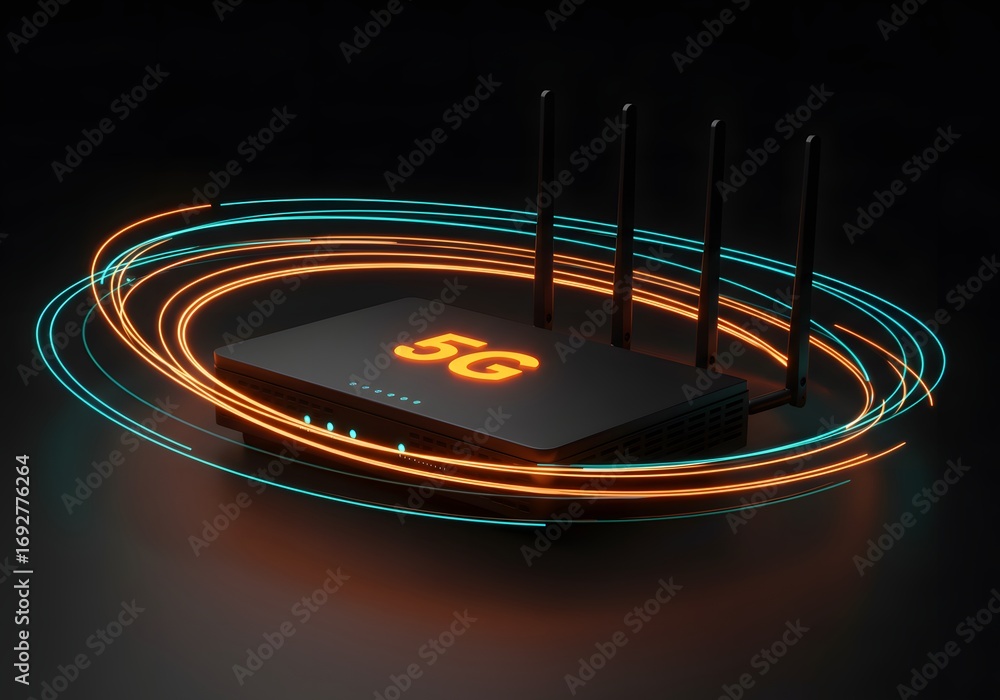 Poster modern 5g wi-fi router transmitting a high-speed signal. global communication and fast internet conc