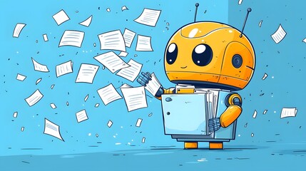 Robot with documents: A friendly robot, diligently managing an array of scattered documents, a visual representation of efficiency in a digital world.