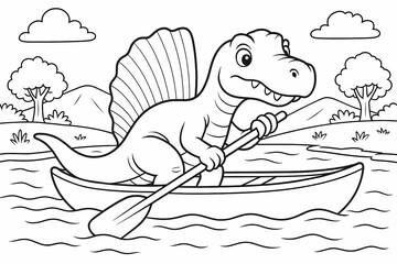 Cartoon spinosaurus dinosaur rowing a boat on the lake in nature. Fun coloring page