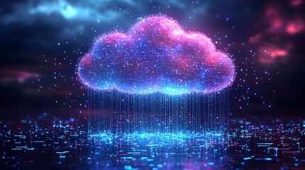 Digital Cloud Cascade: A mesmerizing digital cloud formation, brimming with radiant particles, pours data down in a vibrant display, over a cityscape of interconnected data