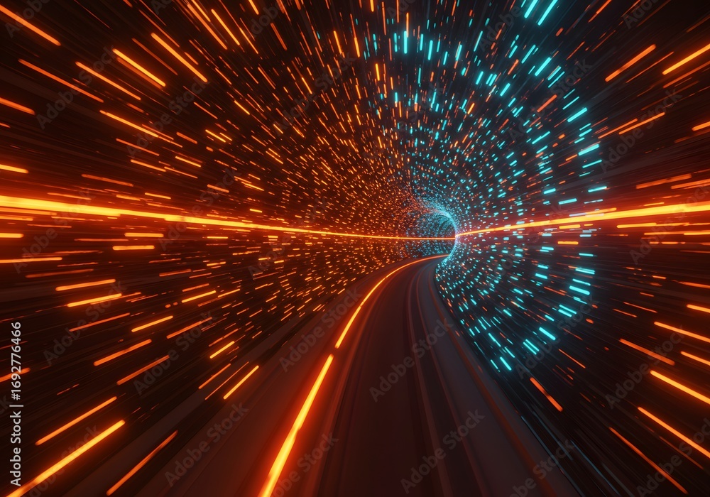Poster flying through a futuristic light-speed tunnel with glowing data streams. space travel and high-spee