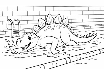 Cartoon stegosaurus dinosaur swimming in pool with joyful expression. Fun coloring page
