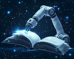 Robotic Arm and Book: The robotic arm delicately interacts with an open book, with a digital glow spilling onto the pages against the backdrop of space.