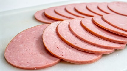 Sliced deli meat arranged neatly on a white surface for culinary presentation