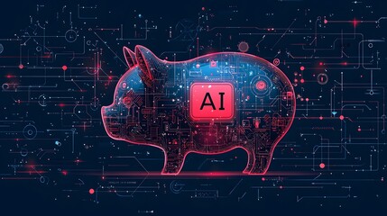AI-Powered Piggy Bank: A futuristic digital rendering of a piggy bank, illuminated with the vibrant glow of artificial intelligence circuitry, symbolizing smart financial investment.