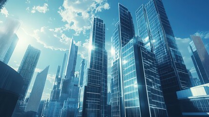 Futuristic city with vertical solar panels on skyscrapers