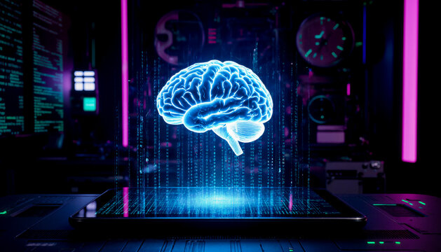 Digital Brain Knowledge Transfer - Futuristic Neural Network Learning Technology - Powered by Adobe
