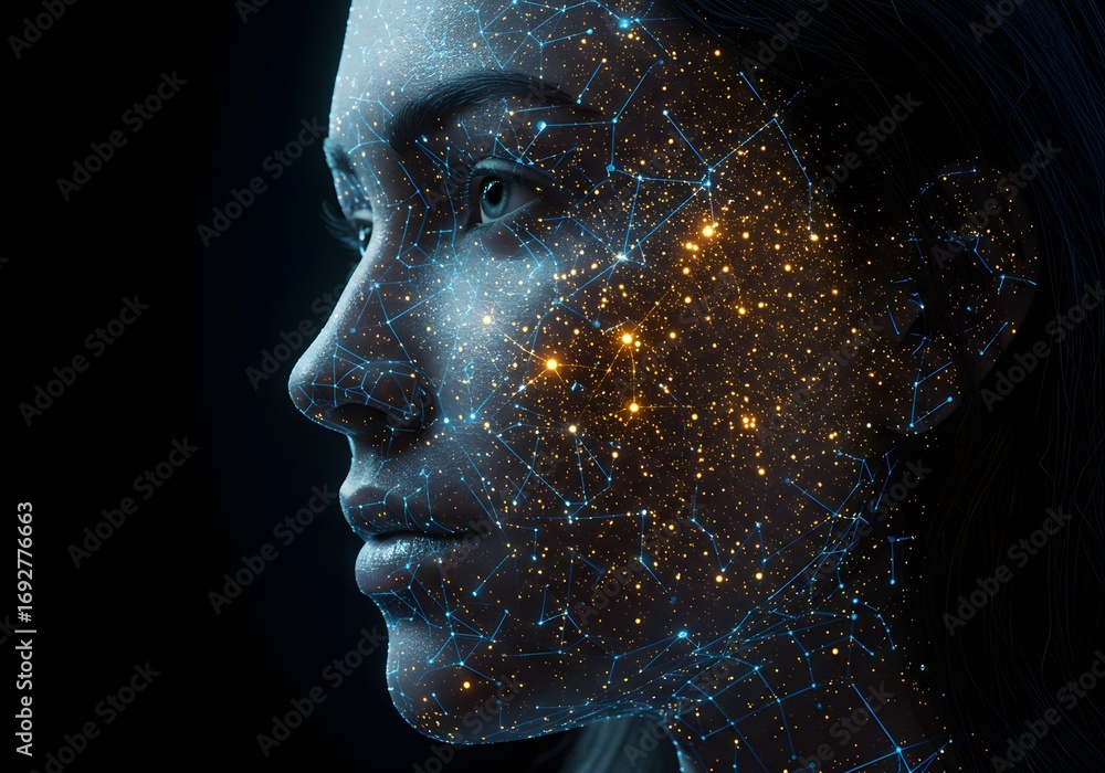 Poster a woman's face integrated with a glowing plexus network. concept for artificial intelligence, big da