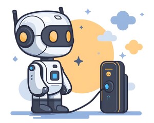 AI Robot Charging: A modern illustration of a friendly AI robot connecting to a charging station, symbolizing innovation, progress, and the future of technology. 