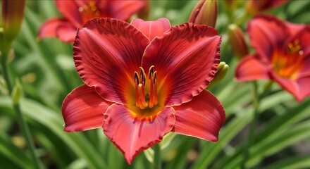 Vibrant Red Daylily Flower in Summer Garden.