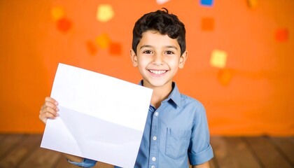 Smiling boy holds blank paper