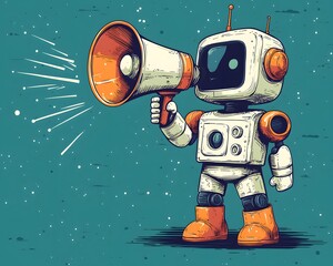 Digital Megaphone: A cute robot, an illustration of futuristic technology is using a megaphone on a teal background, with lines depicting the voice. 