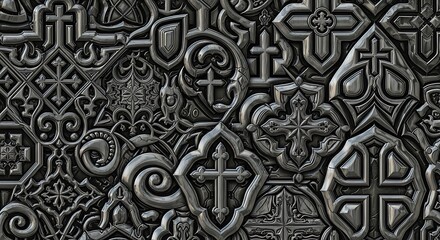 Intricate and detailed gothic architectural ornamentation featuring numerous stylized crosses and ornate patterns in a dark monochrome texture