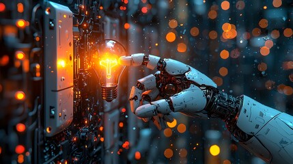 Technological Innovation: A robotic hand reaching out to touch a glowing light bulb, symbolizing creativity and the intersection of technology and innovation.