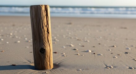 Weathered Post on Sandy Beach.