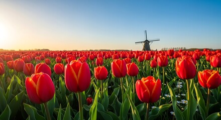 Vibrant Red Tulips Field in Netherlands.