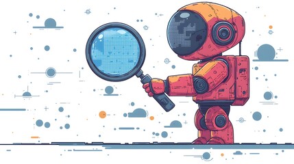 Robot Explorer: A futuristic robot, with its bright orange casing, observes through a magnifying glass, with a sense of inquiry and innovation in a digital sphere.