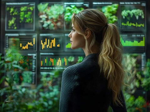 A professional woman observes financial data charts overlaid on a vertical organic garden display symbolizing a connection between technology and