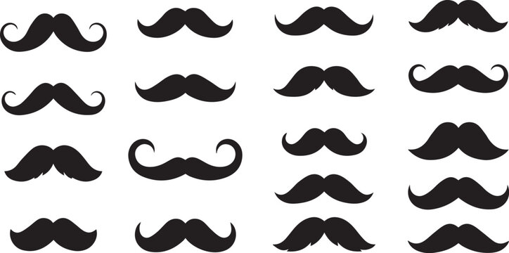 Minimalist black mustache icon set – hand-drawn silhouettes of curled, bushy, thin, and stylized facial hair for fashion, character design, and grooming visuals.