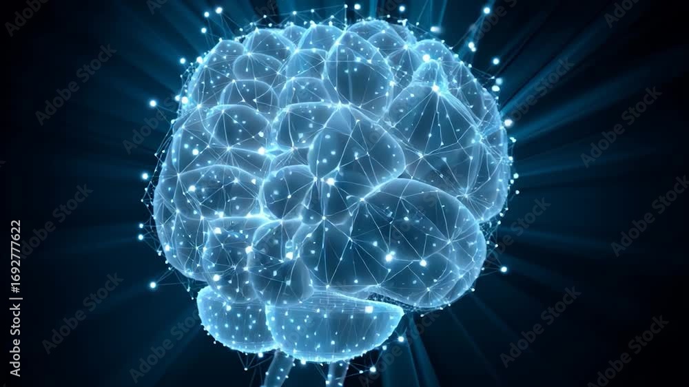 Poster a digital representation of a brain composed of interconnected nodes and beams of light, symbolizing