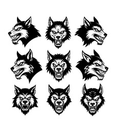 Werewolf icon set, black wolf silhouette heads, Halloween vector icons, isolated, evenly spaced, white background