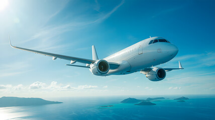 Obraz premium Soaring Above Paradise A Private Jet's Journey Over Tropical Islands and Azure Waters, a Symbol of Luxury and Exotic Destinations