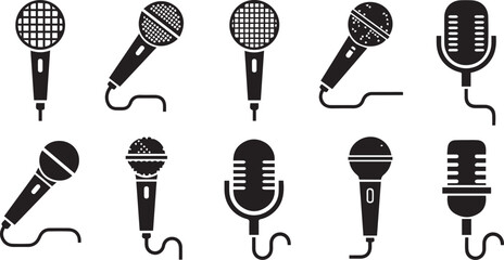 Minimalist black microphone icon set – hand-drawn silhouettes of vintage, studio, and handheld mics with varied grille styles for audio, music, and broadcast design.