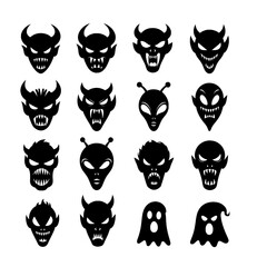 Monster face icons, black spooky cartoon silhouettes, Halloween vector set, isolated and arranged, white background.