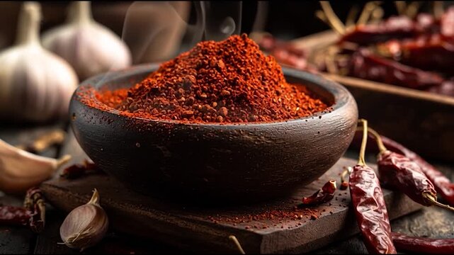A rustic wooden bowl filled with red chili powder, surrounded by garlic cloves and dried red chilies, showcasing spices in a dark kitchen setting.