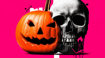 Halloween Poster Template Artwork with Jack O Lantern Pumpkin and Skull on Vibrant Pink Background, Spooky Party Celebration, Horror Graphic Design and Festive Holiday Decoration