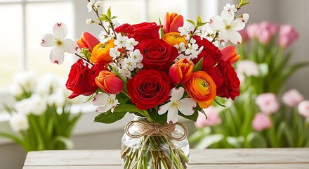 Vibrant Spring Flower Bouquet with Red Roses and Orange Tulips.