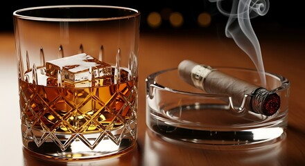 Whiskey and Cigar on Table.