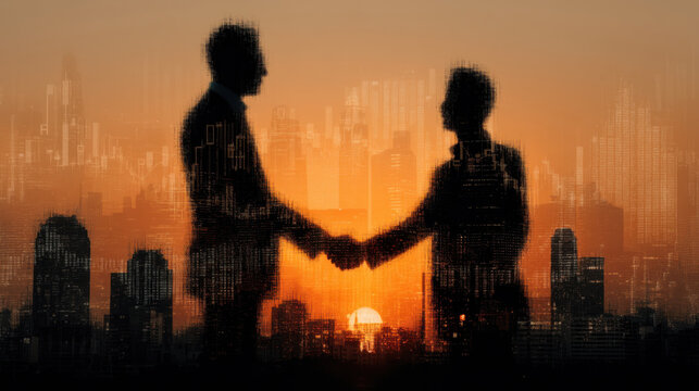 Sunset handshake business deal partnership city skyline energizes growth