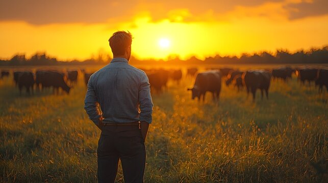 Farmer observing cattle herd at sunset in a golden rural field