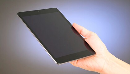 Hand holding a tablet computer with a blank screen