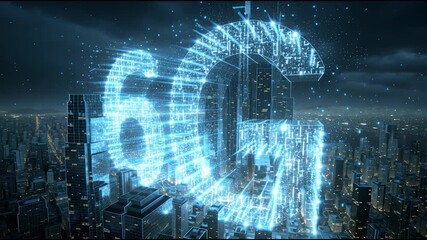 A futuristic city skyline at night with a glowing representation of '6G' technology above a prominent skyscraper. - Powered by Adobe