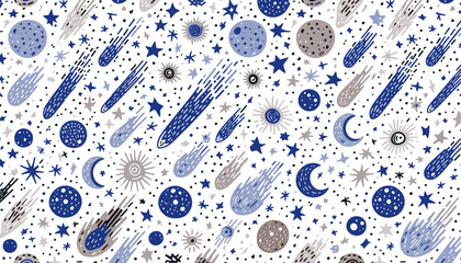 celestial seamless vector pattern with blue meteor stardust and crescent