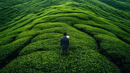 A businessman stands in a lush green tea plantation reviewing a document with a thoughtful expression