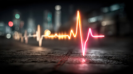Neon heartbeat line glowing pulse urban night bokeh city energy