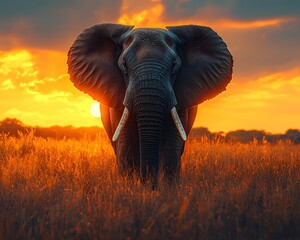 Obraz premium Majestic elephant silhouetted against a vibrant golden sunset in the African savanna