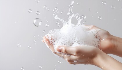 Fototapeta premium Hands Holding Soapy Foam with Bubbles, Hygiene Concept.