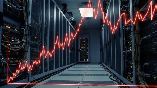 Data Center Server Room with Rising Financial Graph, Stock Market Concept Footage