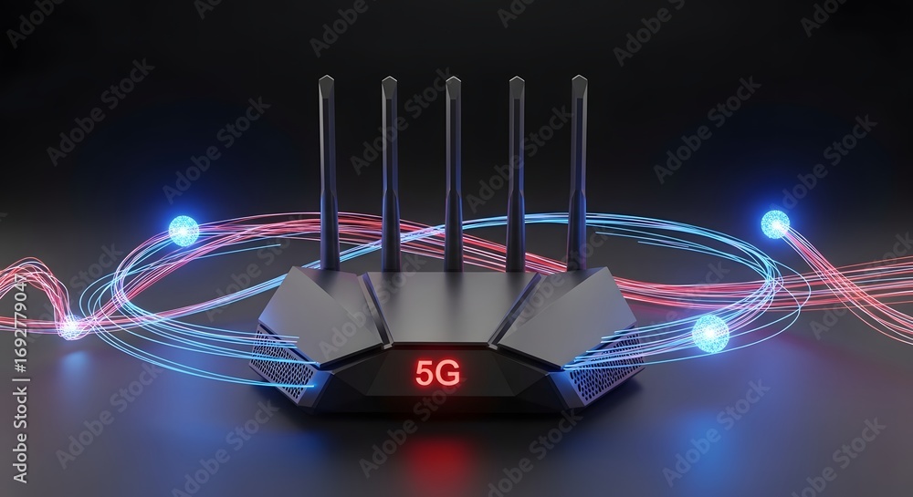 Poster futuristic 5g gaming router with swirling data light streams. high-speed internet and wireless commu