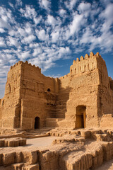 The ancient ruins of Babylon with its massive mudbrick walls towering under a bright blue sky.