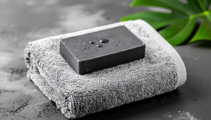 Dark Soap Bar with Water Droplets on Gray Towel and Monstera Leaf