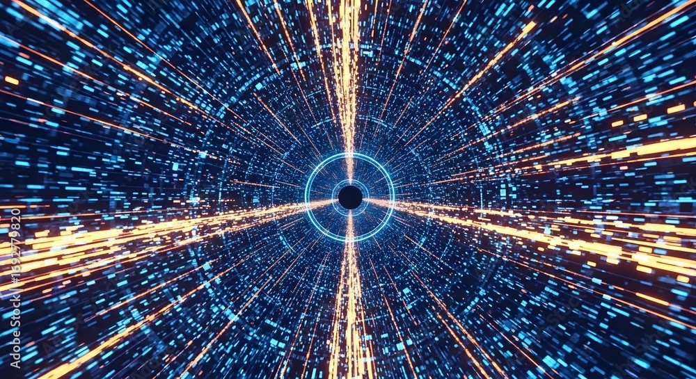 Poster a futuristic data tunnel with glowing particles and light rays. big data, technology, and speed conc