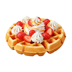 Delicious waffle with strawberries, whipped cream, and maple syrup isolated on transparent background