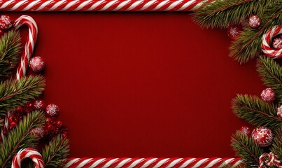 christmas background with a red color scheme and decorations, a candy cane border on the left side, space for text in the center, pine branches and ornaments on the right edge.