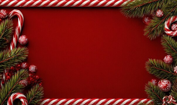 christmas background with a red color scheme and decorations, a candy cane border on the left side, space for text in the center, pine branches and ornaments on the right edge.