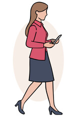 A businesswoman in a pink shirt and skirt is walking, looking at her smartphone. She represents modern business mobility, communication on-the-go, and technology integration in daily corporate life.
